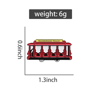Detailed view of red enamel trolley pin with weight and size dimensions listed
