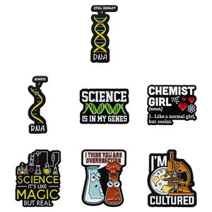 Scientific 7-piece set of enamel pins with DNA, microscope, and chemical flasks