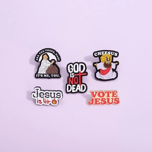 Set of 5 humorous enamel pins with religious cheese themes and polished alloy edges