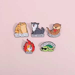 Set of 5 cartoon animal enamel pins featuring witty animal puns on a pink background