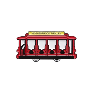 Classic red enamel Neighborhood Trolley pin in polished zinc alloy for backpacks