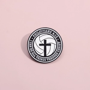 Minimalist circular enamel volleyball cross pin with Bible verse Philippians 4:13
