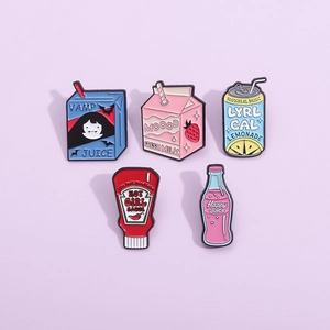 Cartoon Enamel Pin Alloy Brooch Creative Strawberry Milk Box Vamp Juice Hot Sauce Soda Bottle Badge Jewelry Gift