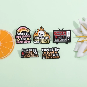 5-piece funny cartoon coffee enamel pin set with rainbow and skull designs on green background
