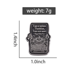 Detail shot of 1.4x1.0 inch vintage typewriter enamel pin with weight specifications