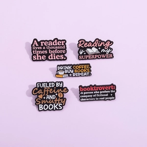 Set of 5 enamel pins featuring creative coffee and reading designs for book lovers