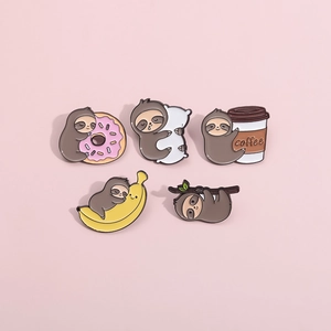 Set of 5 cute sloth enamel pins featuring donut, coffee, and banana cartoon designs