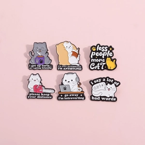 Lot de 6 épinglettes créatives en émail avec chats mignons et slogans anglais