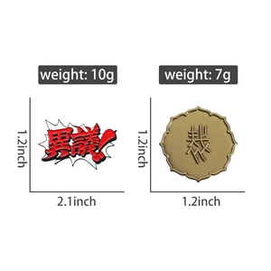 Detailed view of enamel badges showing precise 1.2 to 2.1 inch dimensions and weights