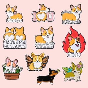 Lot de 10 pin's en émail avec motifs de chiens Corgi rigolos sur fond rose pastel
