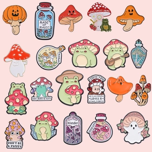 Detailed collection of twenty unique cartoon mushroom enamel pins in vibrant colors