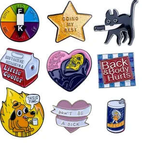 Detailed view of a 9-piece set of cartoon enamel pins with creative pop culture motifs