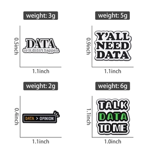 Detailed view of data science enamel pins with dimensions and weight specifications