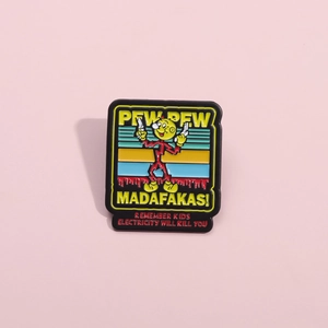 Funny Reddy Kilowatt enamel pin in zinc alloy with humor text on pink background