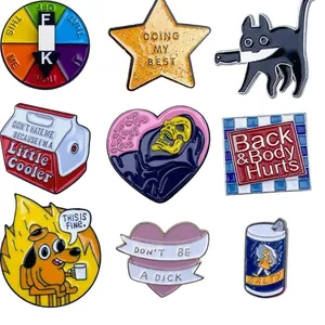 9-piece set of creative enamel pins featuring cat, dog, and slogan designs on white backdrop