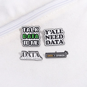 Detailed view of four funny data science enamel pins on a white canvas background