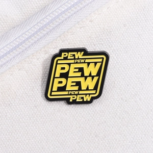 Detailed view of Black and Yellow Pew Pew enamel pin on canvas bag with zipper detail