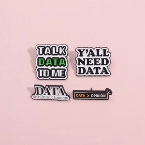 Set of four data-themed enamel pins with minimalist slogans on light pink background