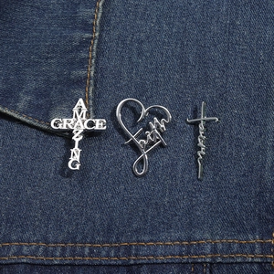 Three-piece silver religious brooch set featuring Amazing Grace cross and faith heart