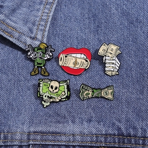 5-piece set of cartoon dollar bill enamel pins with skull and hip hop street style elements