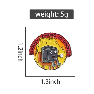 Detailed macro view of enamel cartoon pin showing 1.3-inch size and 5g weight specs