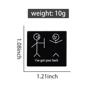 Detailed size chart showing 1.08x1.21 inch dimensions for black square metal badge