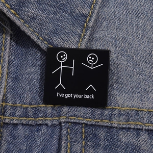 Funny stickman enamel pin 'I've got your back' on denim, creative square metal brooch