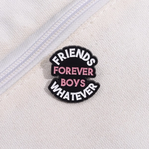 Cartoon enamel pin featuring Friends Forever Boys Whatever text on a white canvas background