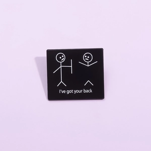 Funny 'I've got your back' metal pin badge with stick figure design on purple background