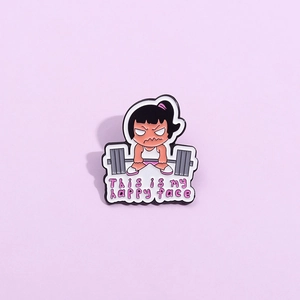 Divertido Broche de Aleación Niña Levantamiento de Pesas Dibujos Animados Insignia de Esmalte Pintado This Is My Happy Face Pin Decorativo