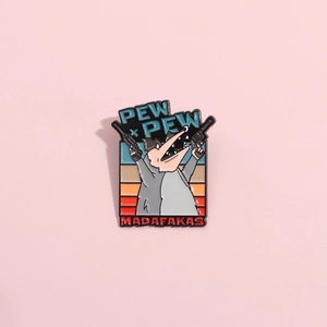 Cartoon Snorlax enamel pin holding revolvers with Pew Pew Madafakas text on retro sunset