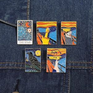 Detail of five artistic enamel pins featuring Starry Night and Scream parodies on denim