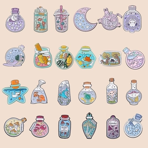 Set of 24 cute cartoon enamel pins featuring creative bottle and magic jar designs