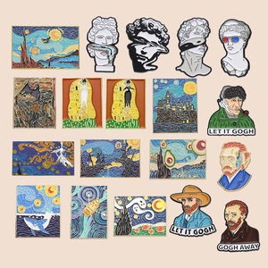 Artistic enamel pins set featuring Van Gogh, The Scream, and classic sculpture designs