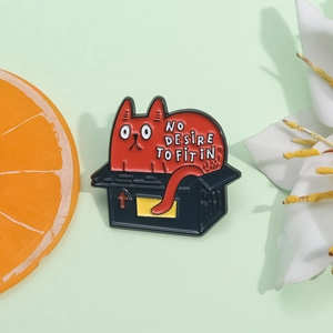 Cartoon Red Cat In Box Enamel Pin Badge No Desire To Fit In Creative Alloy Brooch Lapel Pin For Backpack Denim Jacket Decor Jewelry Gift