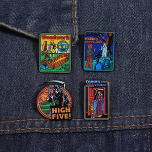 Broches en émail rétro avec motifs de crânes et humour noir sur fond en denim bleu