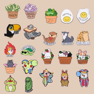 Creative set of colorful cartoon animal and plant enamel pins with funny puns