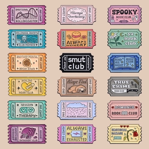 Set of 18 colorful oil painting style enamel pins with vintage movie ticket shapes