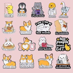 Cartoon Animal Alloy Enamel Brooch Pin Set Funny Corgi Cat Duck Penguin Badge With Humorous Quotes Accessory For Clothes Bag