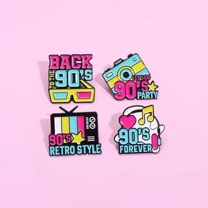 90s Retro Enamel Pins Set featuring vintage camera TV and glasses on pink background