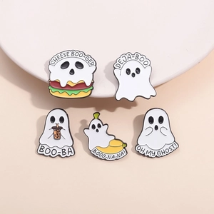 Set of 5 cartoon ghost enamel pins with funny food-themed designs for Halloween