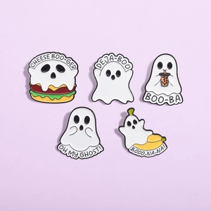 Set of five cute cartoon ghost enamel pins with funny puns on a purple background