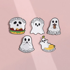 Five-piece cartoon ghost enamel pin set with creative Halloween burger and tea designs