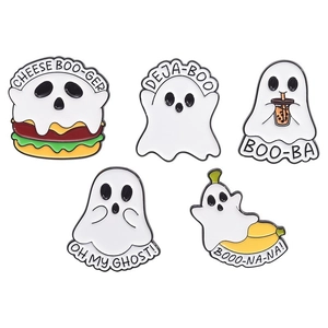 Set of 5 funny cartoon ghost enamel pins with food puns for Halloween accessory