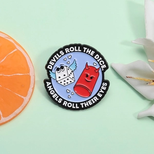 Creative Cartoon Dice Angel Devil Round Enamel Brooch Pin With Slogan Alloy Badge Jewelry For Backpack Clothing Accessories