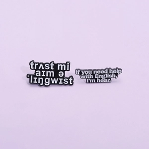Cartoon enamel lapel pin set with humorous linguistic quotes on a purple background