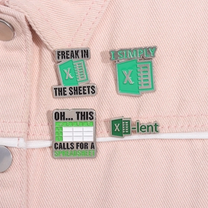 Detail of four office humor enamel pins on denim, featuring Excel-inspired green designs