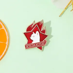 Vintage Red Star White Cat Enamel Pin Creative Metal Badge Russian Text Flame Shape Cat Brooch For Clothing Backpack Decoration