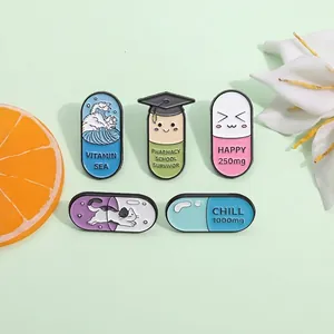 Creative Capsule Pill Enamel Pins Funny Medical Alloy Brooches Badge Pharmacy School Survivor Happy Vitamin Sea Metal Lapel Pins Jewelry Gift