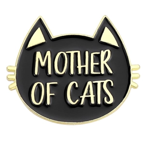 Cute black cat enamel pin with Mother of Cats text and golden metal trim accessory